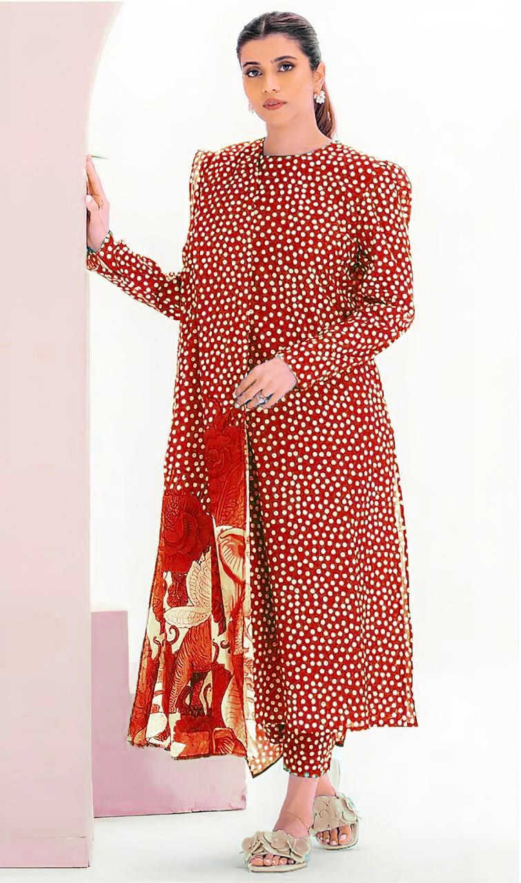 CROSS STICH | All Over 3 Piece Print Suit KARANDI WINTER COLLECTION RED