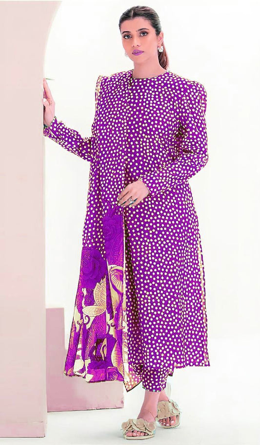 CROSS STICH | ALL OVER 3 PIECE PRINT SUIT IN KARANDI FABRIC FOR WINTER 2024-2025 PURPLE