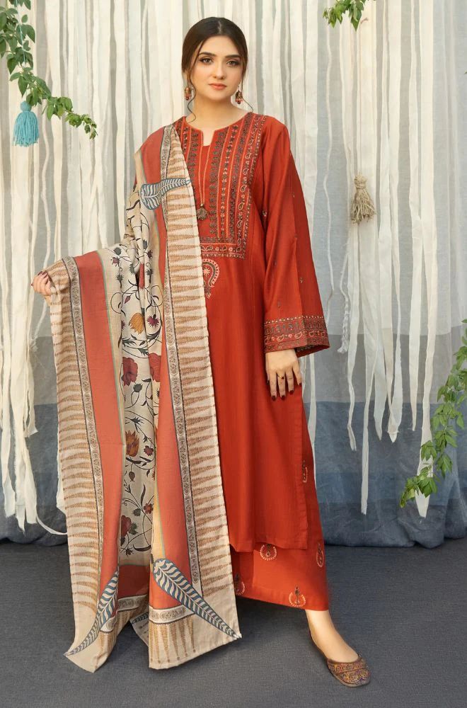 Dhanak|3Piece Embroidered Suit with Pashmina Wool Shawl 2024-25