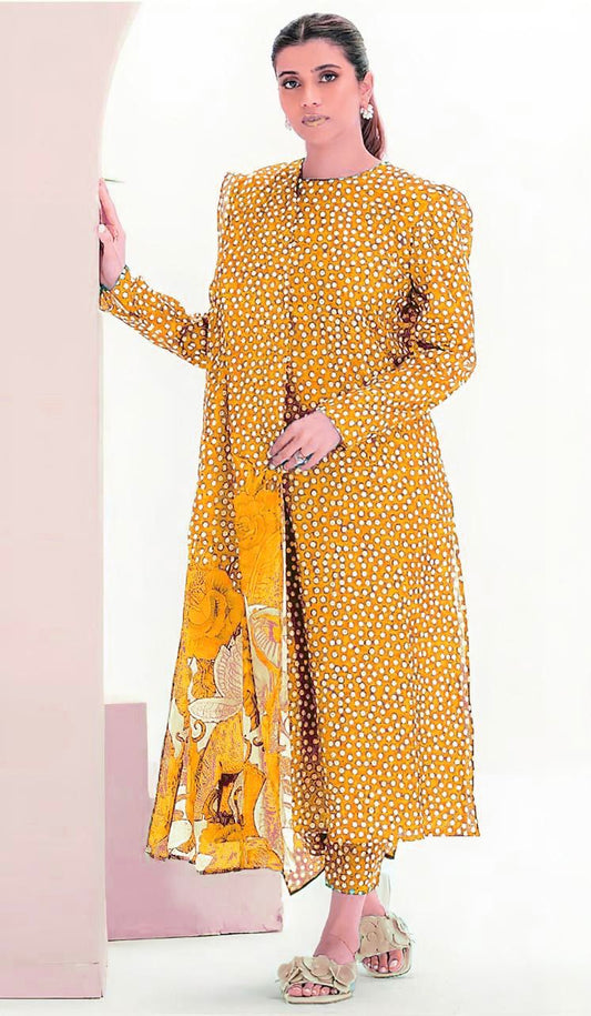 CROSS STICH | ALL OVER 3 PIECE PRINT SUIT IN KARANDI FABRIC FOR WINTER 2024-2025 MUSTARD